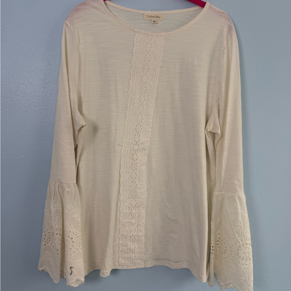 Cotton Bleu Cream Lace-Trim Long Sleeve Top